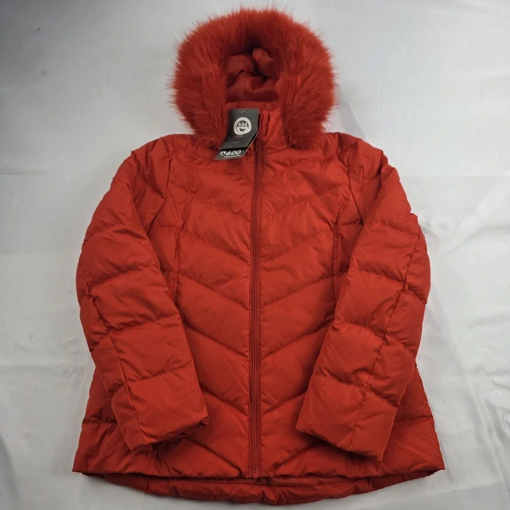 Lands' End Jacket Kids 10-12 Orange Down Puffer Hood Faux Fur Trim 600 Fill